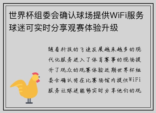 世界杯组委会确认球场提供WiFi服务球迷可实时分享观赛体验升级