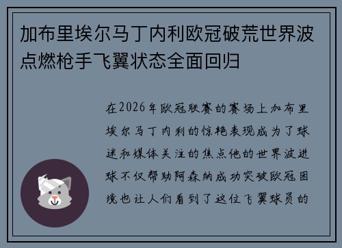 加布里埃尔马丁内利欧冠破荒世界波点燃枪手飞翼状态全面回归
